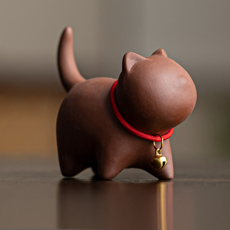 Buddha Stones Miniaturowe Piękne Czerwone Liny Dzwonek Kot Herbata Zwierzę Fioletowa Glina Figurka Dekoracja Biurka - Brązowy kot (6,7*5,0*5,7 cm) - image 2