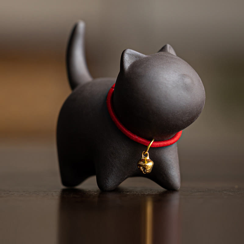 Buddha Stones Miniaturowe Piękne Czerwone Liny Dzwonek Kot Herbata Zwierzę Fioletowa Glina Figurka Dekoracja Biurka - Czarny kot (6,7*5,0*5,7 cm) - image 8