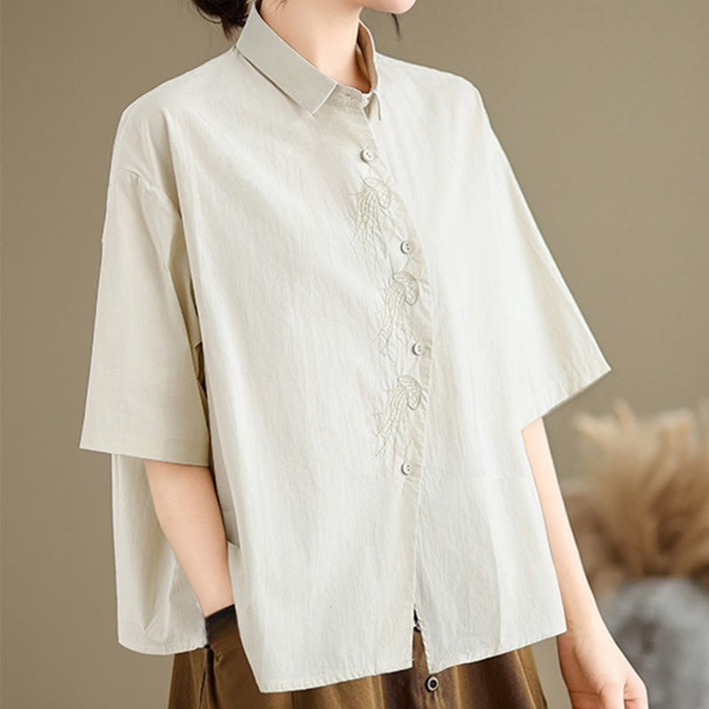 Koszula damska z haftowanym wzorem meduzy Buddha Stones Casual ze stójką i guzikami, z krótkim rękawem i bawełnianą koszulą - image 3