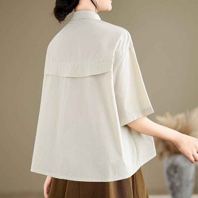 Koszula damska z haftowanym wzorem meduzy Buddha Stones Casual ze stójką i guzikami, z krótkim rękawem i bawełnianą koszulą