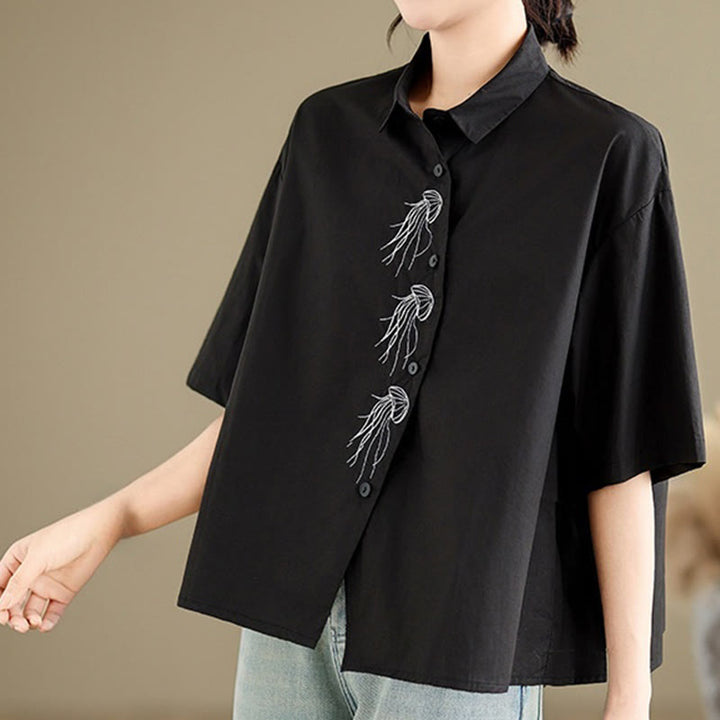 Koszula damska z haftowanym wzorem meduzy Buddha Stones Casual ze stójką i guzikami, z krótkim rękawem i bawełnianą koszulą - image 20