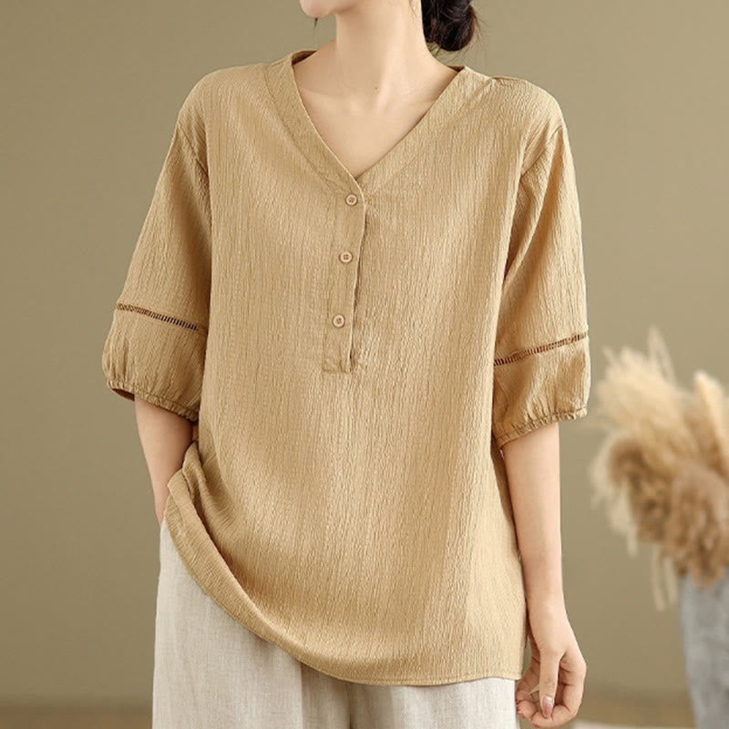 Koszula damska z krótkim rękawem z poliestru Buddha Stones, swobodna, prosta, z guzikami i dekoltem w serek - Pszenica - US8-10，UK/AU12-14，EU40-42 (2XL) - image 0