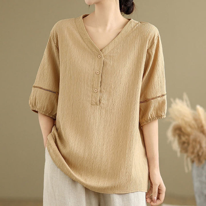 Koszula damska z krótkim rękawem z poliestru Buddha Stones, swobodna, prosta, z guzikami i dekoltem w serek - Pszenica - US8-10，UK/AU12-14，EU40-42 (2XL) - image 0