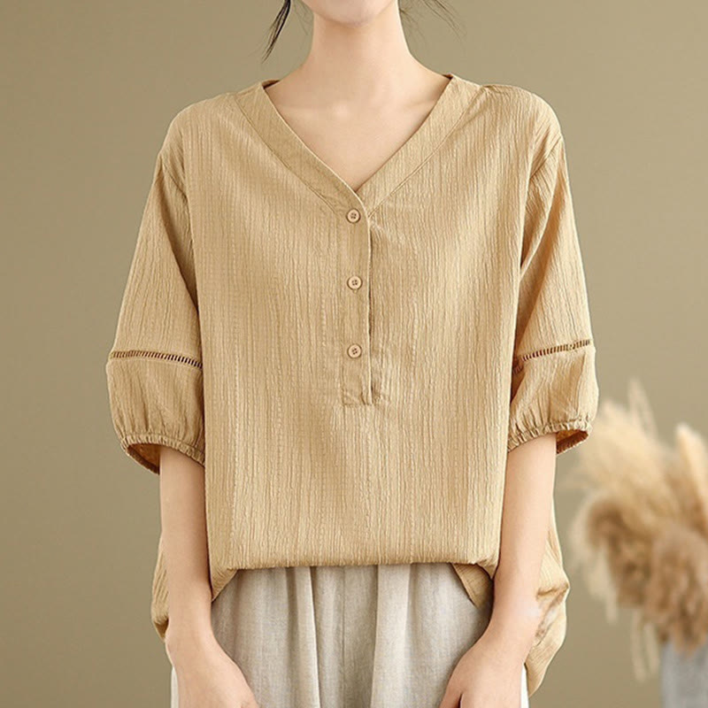 Koszula damska z krótkim rękawem z poliestru Buddha Stones, swobodna, prosta, z guzikami i dekoltem w serek