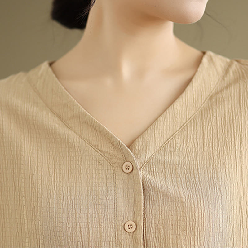 Koszula damska z krótkim rękawem z poliestru Buddha Stones, swobodna, prosta, z guzikami i dekoltem w serek