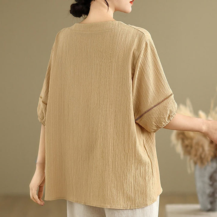 Koszula damska z krótkim rękawem z poliestru Buddha Stones, swobodna, prosta, z guzikami i dekoltem w serek