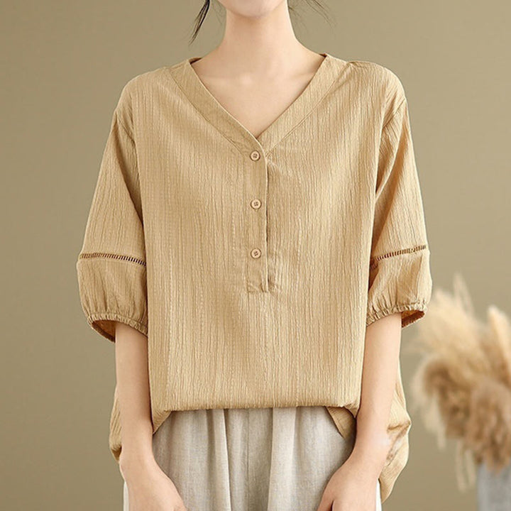 Koszula damska z krótkim rękawem z poliestru Buddha Stones, swobodna, prosta, z guzikami i dekoltem w serek - image 5