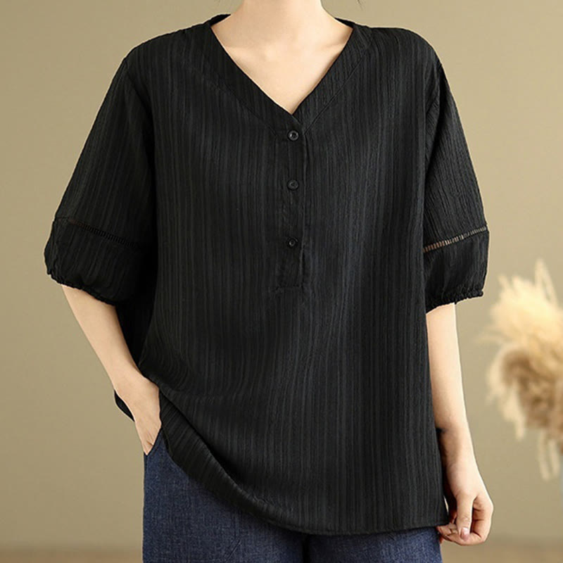 Koszula damska z krótkim rękawem z poliestru Buddha Stones, swobodna, prosta, z guzikami i dekoltem w serek