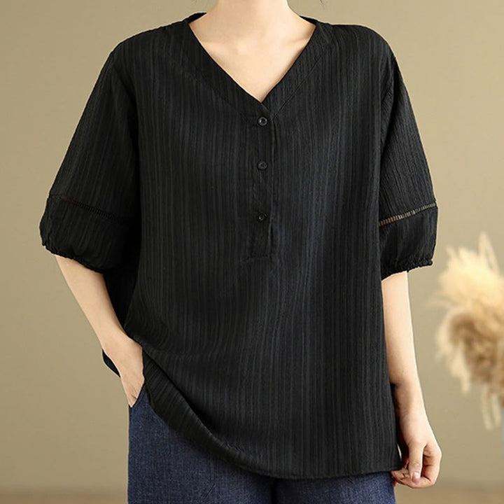 Koszula damska z krótkim rękawem z poliestru Buddha Stones, swobodna, prosta, z guzikami i dekoltem w serek