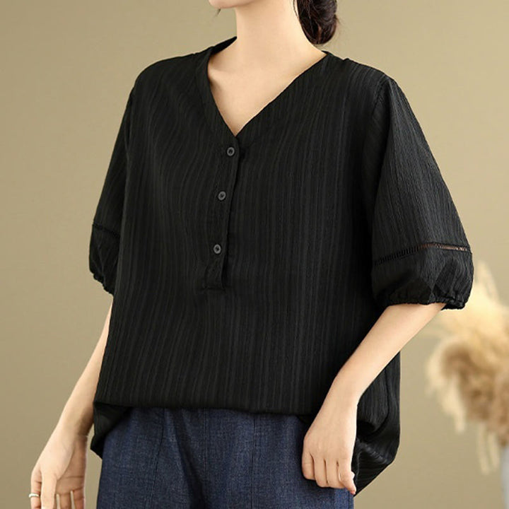 Koszula damska z krótkim rękawem z poliestru Buddha Stones, swobodna, prosta, z guzikami i dekoltem w serek - image 15