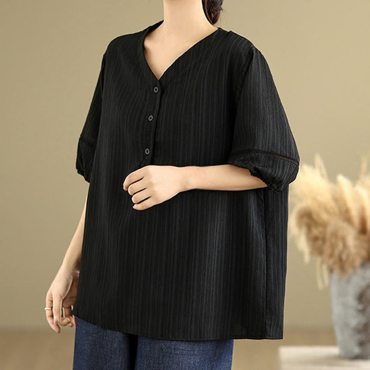 Koszula damska z krótkim rękawem z poliestru Buddha Stones, swobodna, prosta, z guzikami i dekoltem w serek