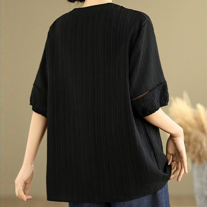 Koszula damska z krótkim rękawem z poliestru Buddha Stones, swobodna, prosta, z guzikami i dekoltem w serek - image 13