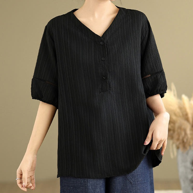 Koszula damska z krótkim rękawem z poliestru Buddha Stones, swobodna, prosta, z guzikami i dekoltem w serek