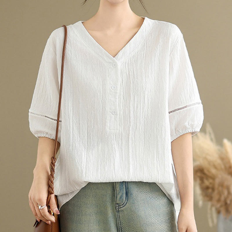 Koszula damska z krótkim rękawem z poliestru Buddha Stones, swobodna, prosta, z guzikami i dekoltem w serek