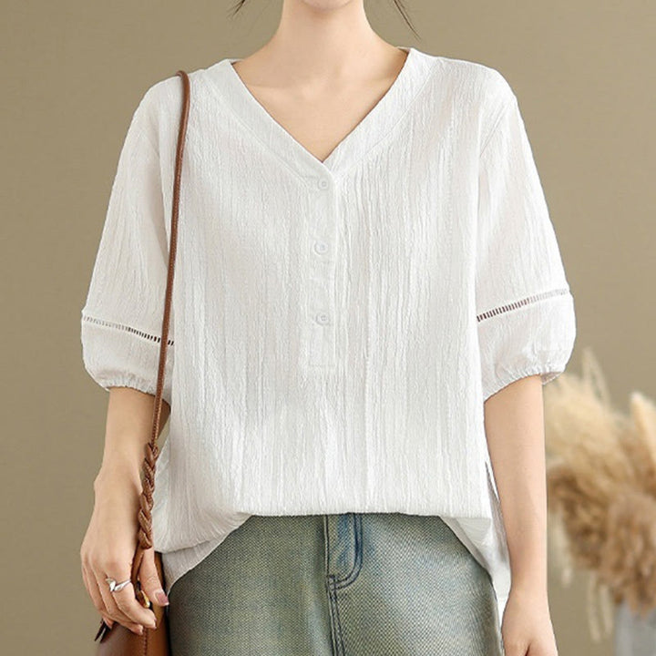 Koszula damska z krótkim rękawem z poliestru Buddha Stones, swobodna, prosta, z guzikami i dekoltem w serek