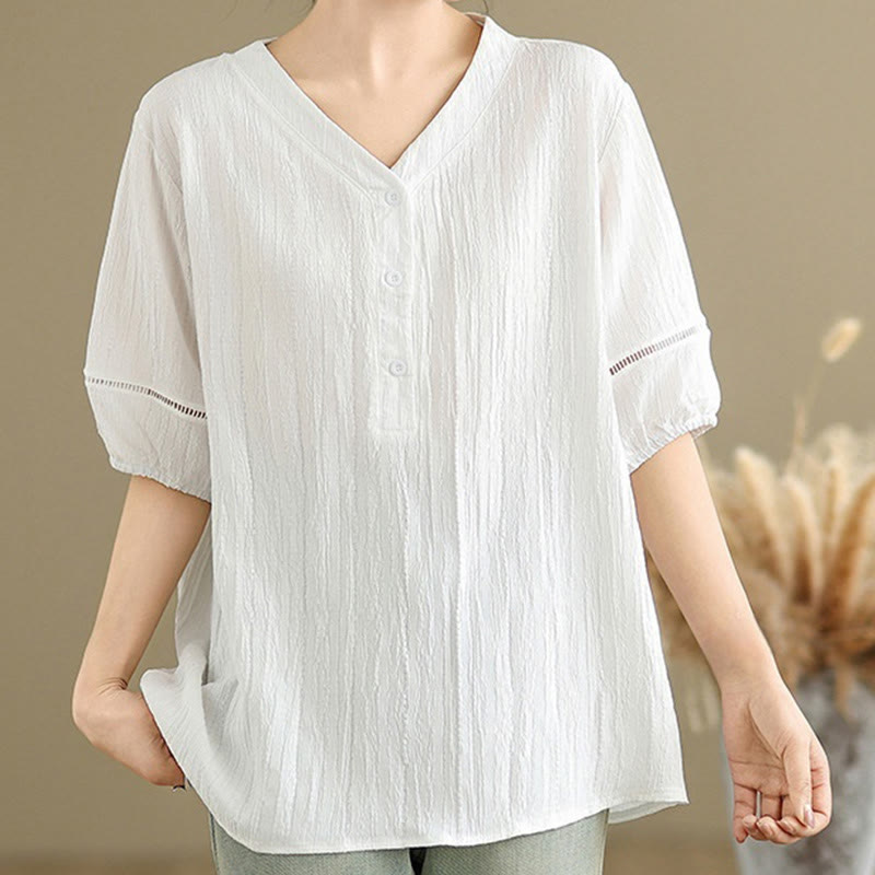 Koszula damska z krótkim rękawem z poliestru Buddha Stones, swobodna, prosta, z guzikami i dekoltem w serek - Biały - US8-10，UK/AU12-14，EU40-42 (2XL) - image 17