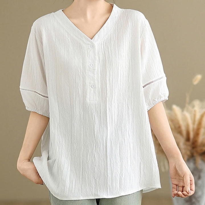 Koszula damska z krótkim rękawem z poliestru Buddha Stones, swobodna, prosta, z guzikami i dekoltem w serek - Biały - US8-10，UK/AU12-14，EU40-42 (2XL) - image 17