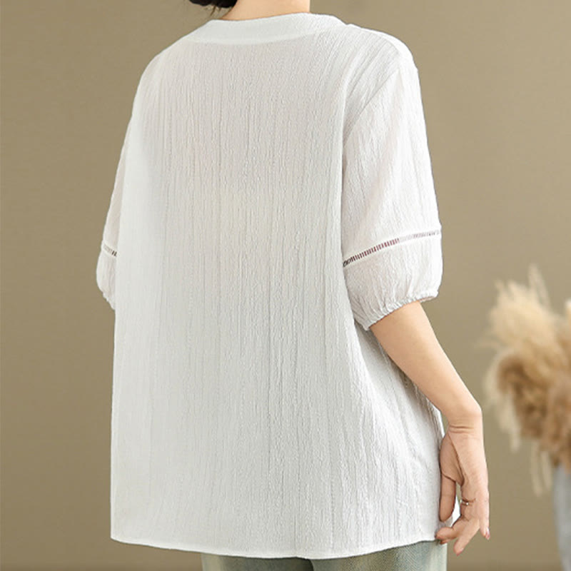 Koszula damska z krótkim rękawem z poliestru Buddha Stones, swobodna, prosta, z guzikami i dekoltem w serek