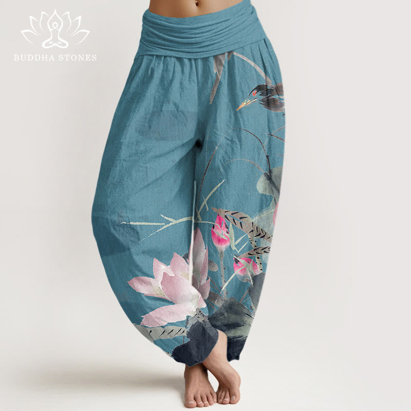 Damskie spodnie haremowe z elastyczną talią i bawełnianymi, różowymi Buddha Stones lotosu i wzorem ptaków - Ciemnoturkusowy - US22, UK/AU26, EU54 (6XL) - image 4