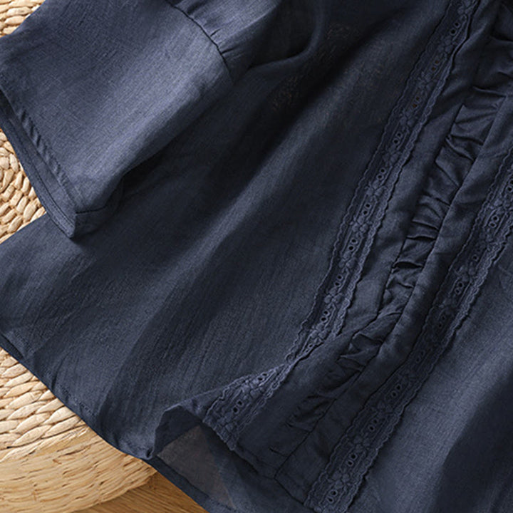 Koszula damska z bawełny i lnu Buddha Stones Casual Pure Color z okrągłym dekoltem i rękawami trzy czwarte - image 6