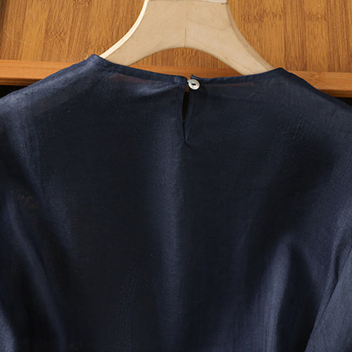 Koszula damska z bawełny i lnu Buddha Stones Casual Pure Color z okrągłym dekoltem i rękawami trzy czwarte - image 2