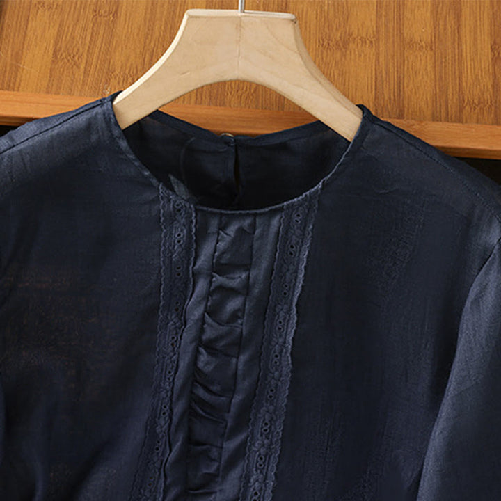 Koszula damska z bawełny i lnu Buddha Stones Casual Pure Color z okrągłym dekoltem i rękawami trzy czwarte - image 3