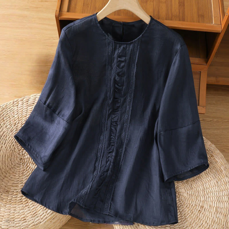 Koszula damska z bawełny i lnu Buddha Stones Casual Pure Color z okrągłym dekoltem i rękawami trzy czwarte - MidnightBlue - US8-10，UK/AU12-14，EU40-42 (2XL) - image 0