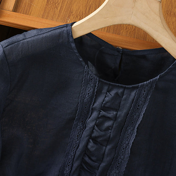 Koszula damska z bawełny i lnu Buddha Stones Casual Pure Color z okrągłym dekoltem i rękawami trzy czwarte - image 4