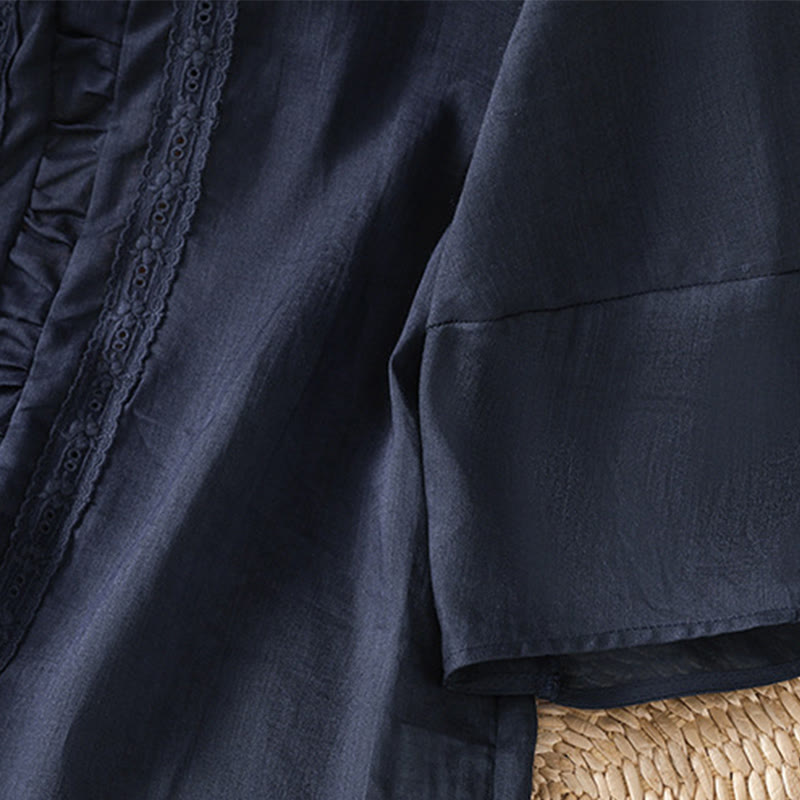 Koszula damska z bawełny i lnu Buddha Stones Casual Pure Color z okrągłym dekoltem i rękawami trzy czwarte - image 5