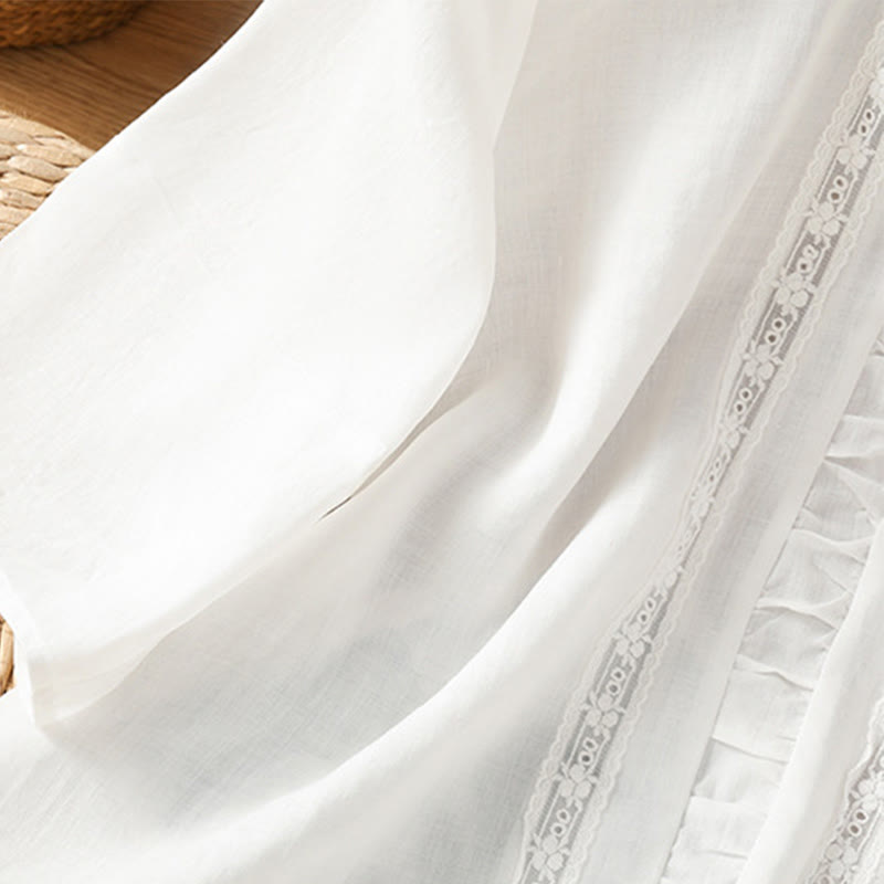 Koszula damska z bawełny i lnu Buddha Stones Casual Pure Color z okrągłym dekoltem i rękawami trzy czwarte - image 10