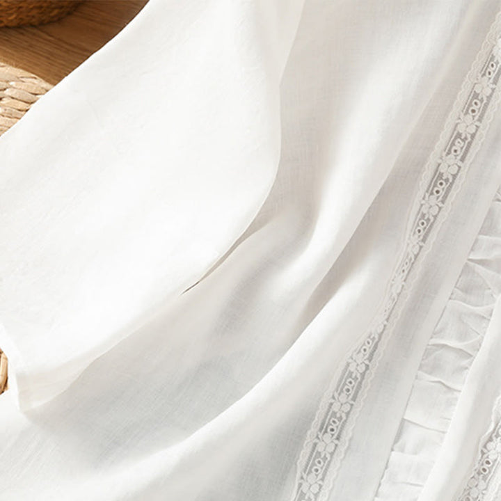 Koszula damska z bawełny i lnu Buddha Stones Casual Pure Color z okrągłym dekoltem i rękawami trzy czwarte - image 10