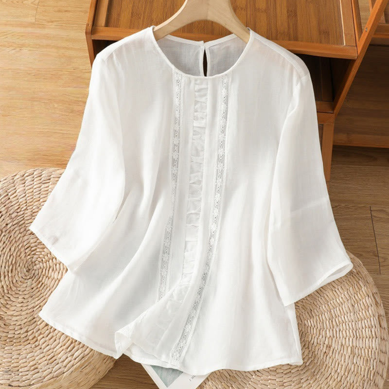 Koszula damska z bawełny i lnu Buddha Stones Casual Pure Color z okrągłym dekoltem i rękawami trzy czwarte - Biały - US8-10，UK/AU12-14，EU40-42 (2XL) - image 7