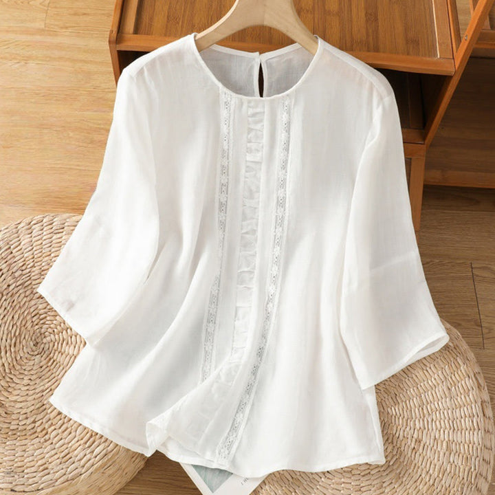 Koszula damska z bawełny i lnu Buddha Stones Casual Pure Color z okrągłym dekoltem i rękawami trzy czwarte - Biały - US8-10，UK/AU12-14，EU40-42 (2XL) - image 7