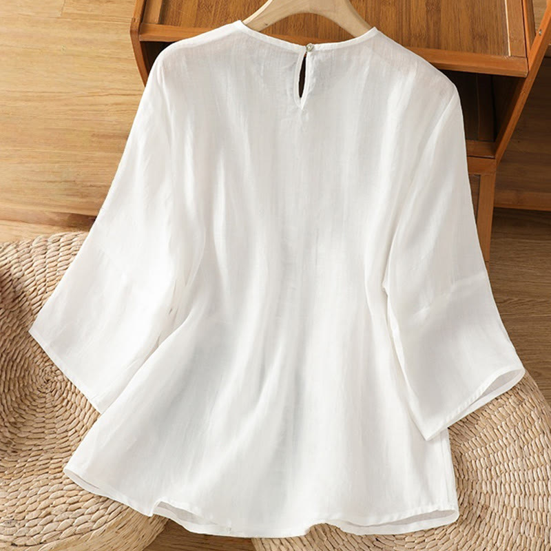 Koszula damska z bawełny i lnu Buddha Stones Casual Pure Color z okrągłym dekoltem i rękawami trzy czwarte - image 8