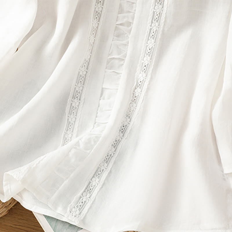 Koszula damska z bawełny i lnu Buddha Stones Casual Pure Color z okrągłym dekoltem i rękawami trzy czwarte - image 9