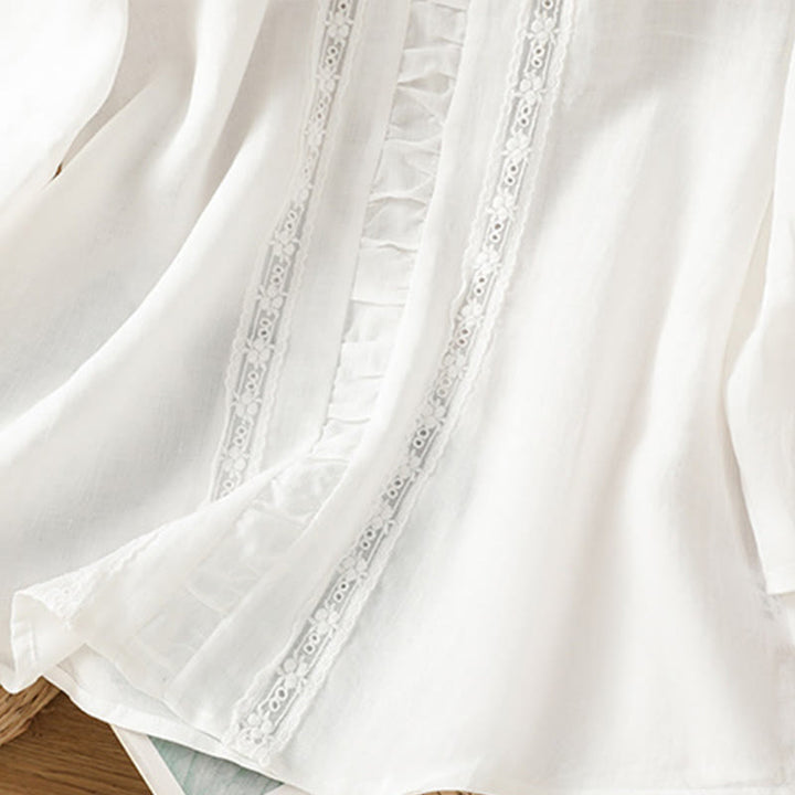 Koszula damska z bawełny i lnu Buddha Stones Casual Pure Color z okrągłym dekoltem i rękawami trzy czwarte - image 9