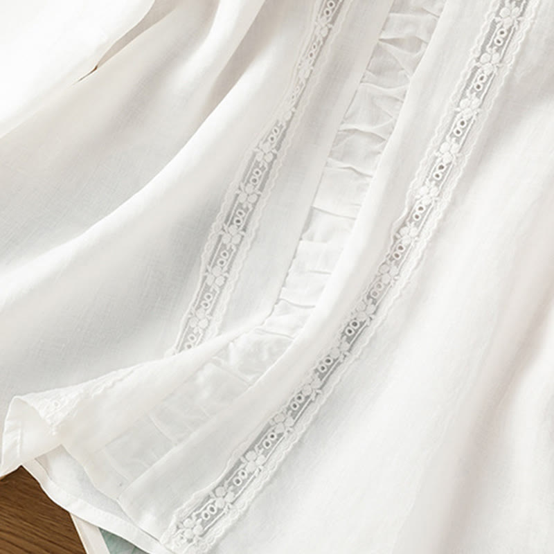 Koszula damska z bawełny i lnu Buddha Stones Casual Pure Color z okrągłym dekoltem i rękawami trzy czwarte - image 15