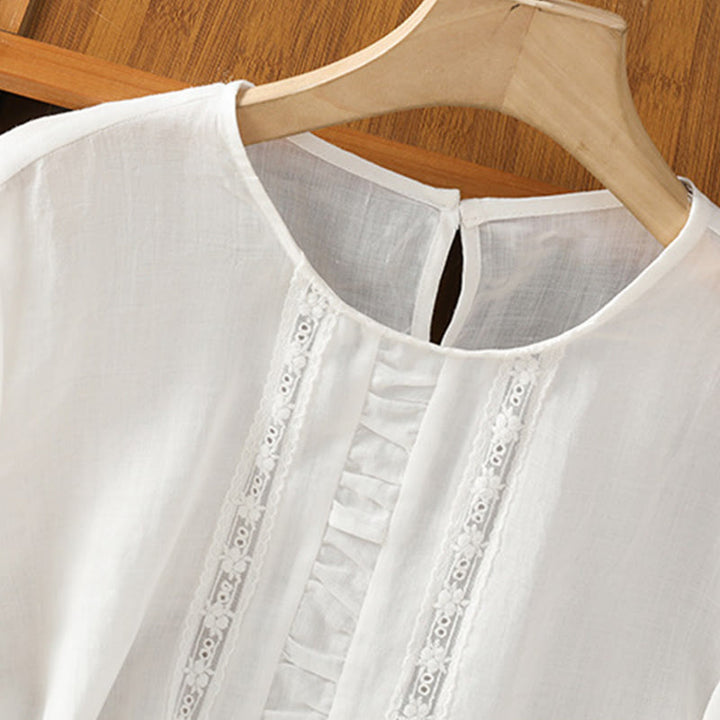 Koszula damska z bawełny i lnu Buddha Stones Casual Pure Color z okrągłym dekoltem i rękawami trzy czwarte - image 14