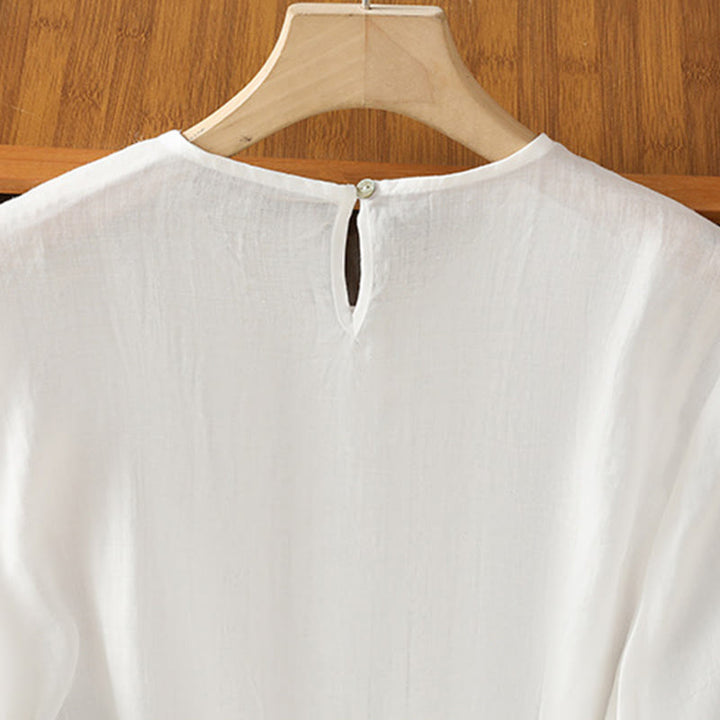 Koszula damska z bawełny i lnu Buddha Stones Casual Pure Color z okrągłym dekoltem i rękawami trzy czwarte - image 12