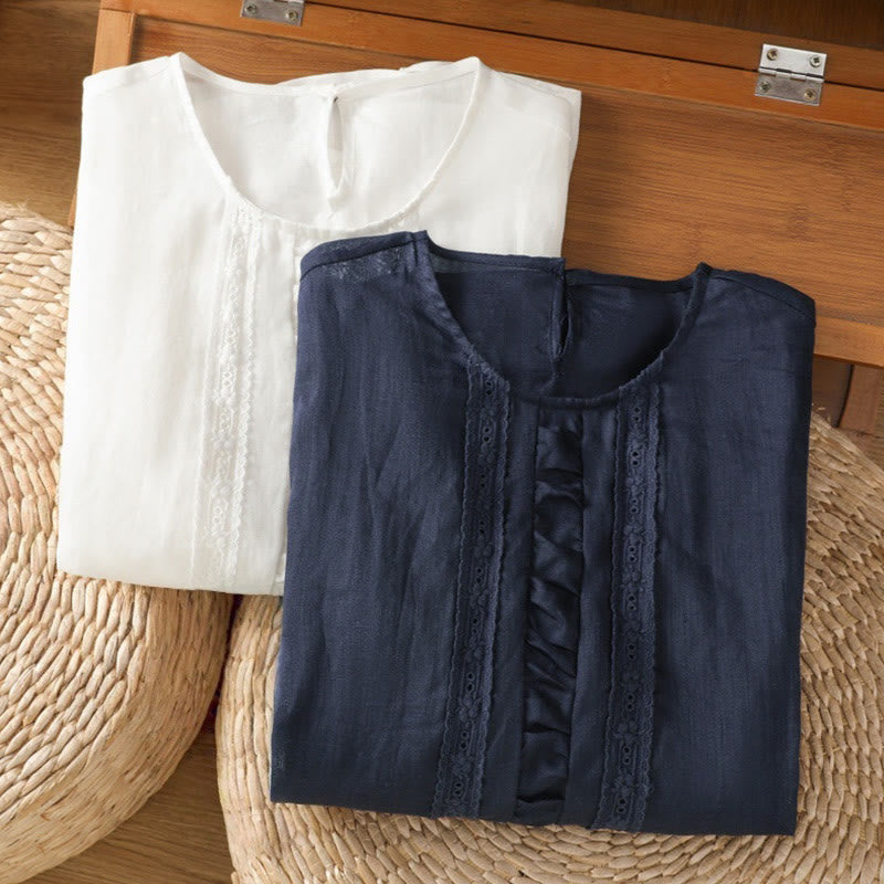 Koszula damska z bawełny i lnu Buddha Stones Casual Pure Color z okrągłym dekoltem i rękawami trzy czwarte - image 18