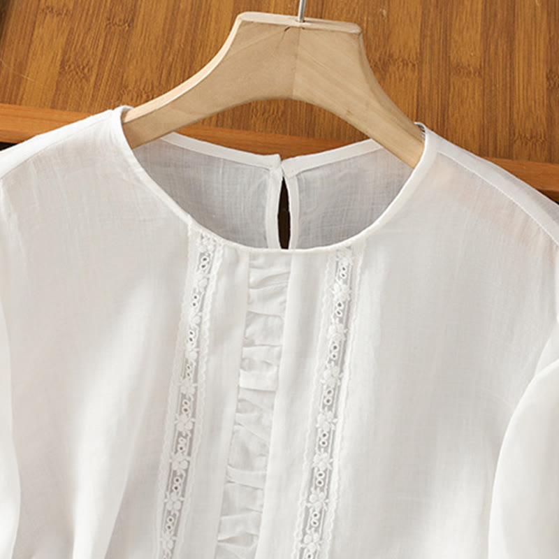 Koszula damska z bawełny i lnu Buddha Stones Casual Pure Color z okrągłym dekoltem i rękawami trzy czwarte - image 13