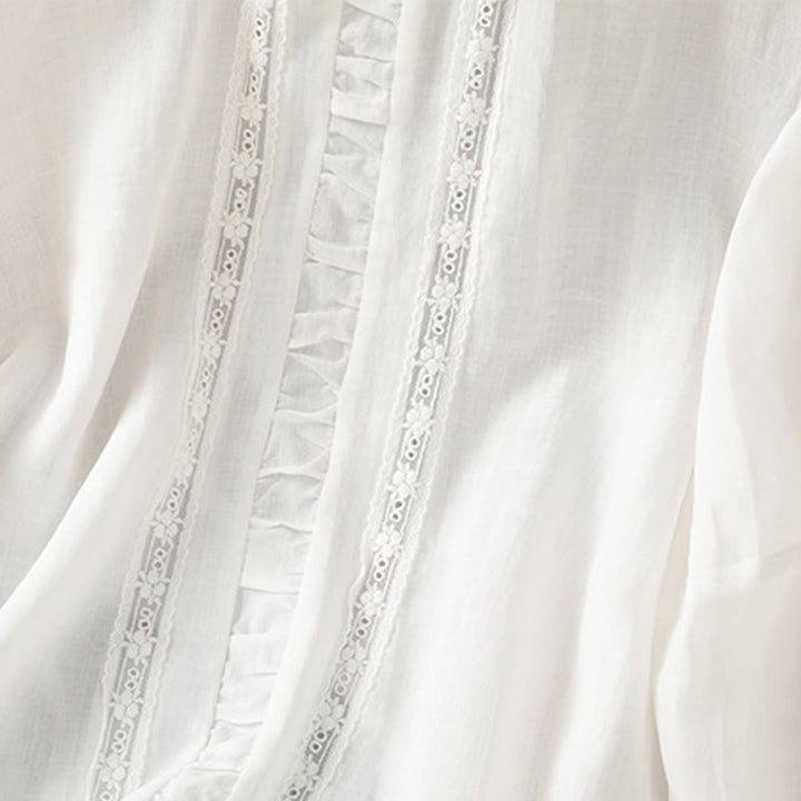 Koszula damska z bawełny i lnu Buddha Stones Casual Pure Color z okrągłym dekoltem i rękawami trzy czwarte - image 11