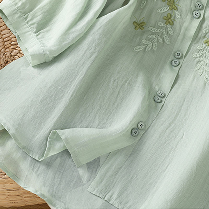 Koszula damska z mieszanki bawełny z haftem roślinnym i kołnierzykiem typu stójka Buddha Stones z rękawem trzy czwarte - image 6