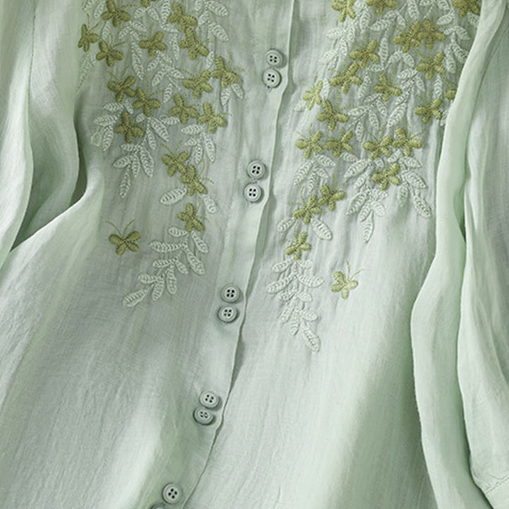 Koszula damska z mieszanki bawełny z haftem roślinnym i kołnierzykiem typu stójka Buddha Stones z rękawem trzy czwarte