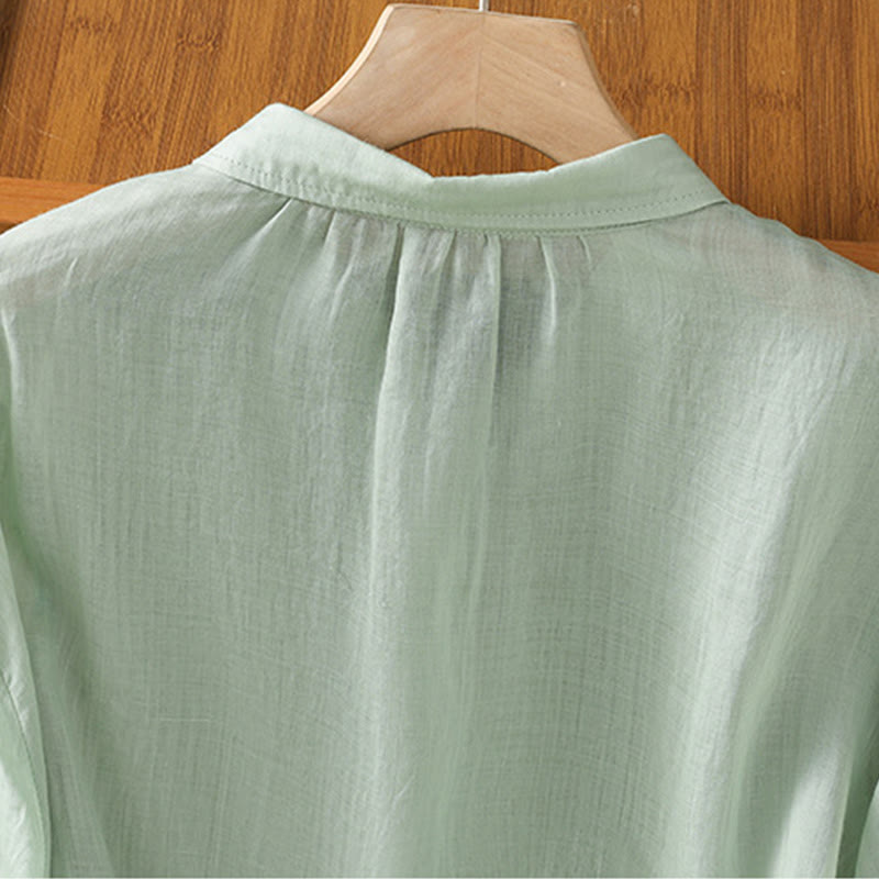 Koszula damska z mieszanki bawełny z haftem roślinnym i kołnierzykiem typu stójka Buddha Stones z rękawem trzy czwarte - image 3