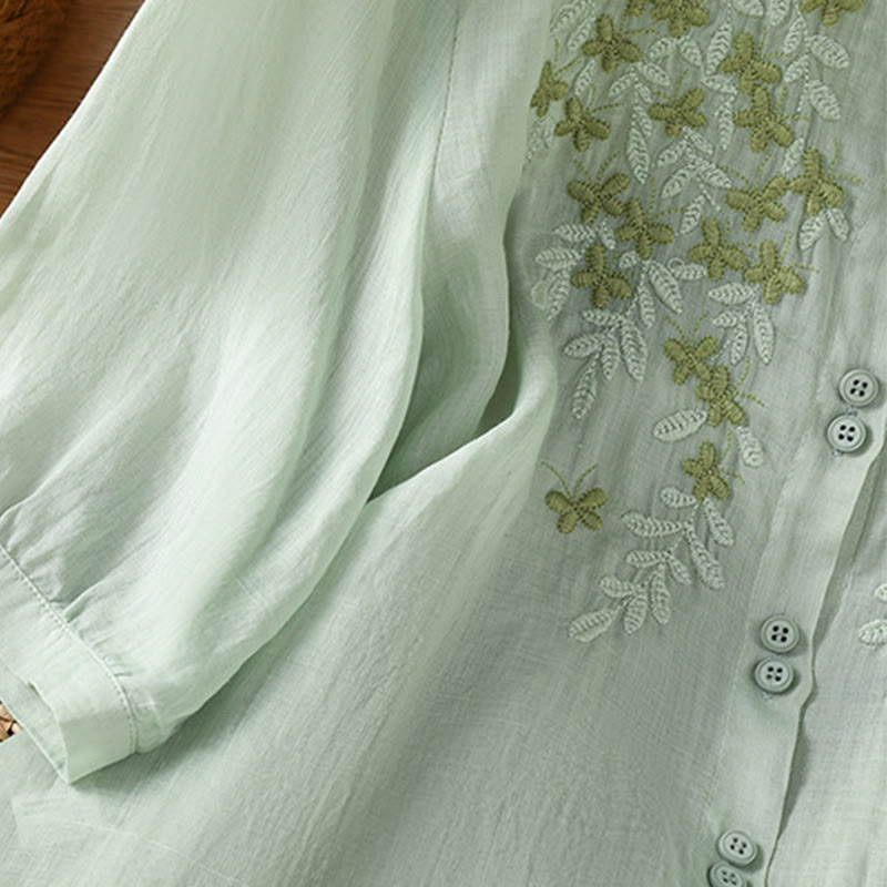 Koszula damska z mieszanki bawełny z haftem roślinnym i kołnierzykiem typu stójka Buddha Stones z rękawem trzy czwarte