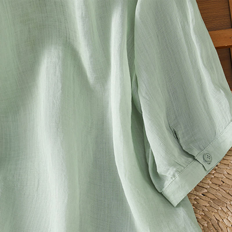 Koszula damska z mieszanki bawełny z haftem roślinnym i kołnierzykiem typu stójka Buddha Stones z rękawem trzy czwarte