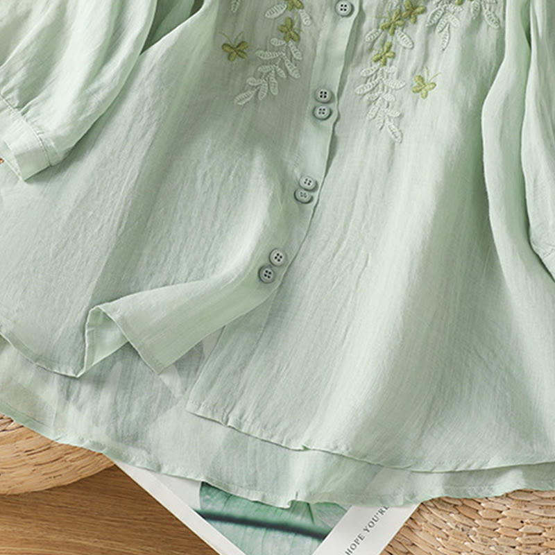 Koszula damska z mieszanki bawełny z haftem roślinnym i kołnierzykiem typu stójka Buddha Stones z rękawem trzy czwarte - image 2