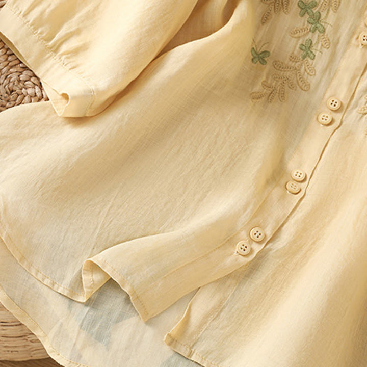 Koszula damska z mieszanki bawełny z haftem roślinnym i kołnierzykiem typu stójka Buddha Stones z rękawem trzy czwarte