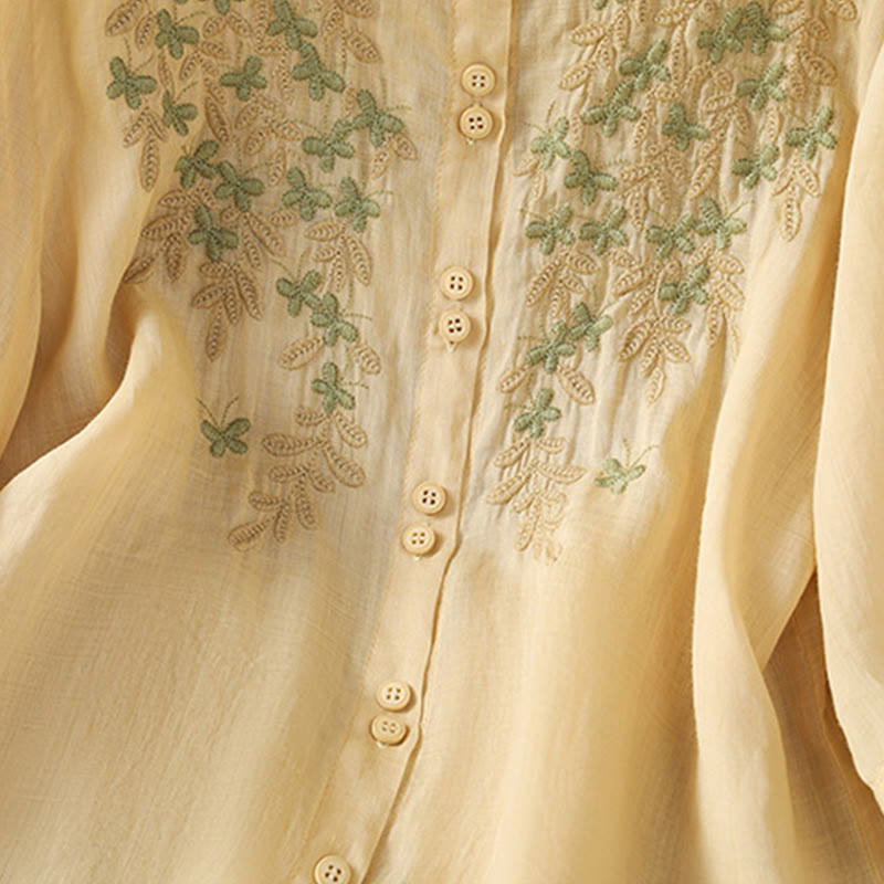 Koszula damska z mieszanki bawełny z haftem roślinnym i kołnierzykiem typu stójka Buddha Stones z rękawem trzy czwarte